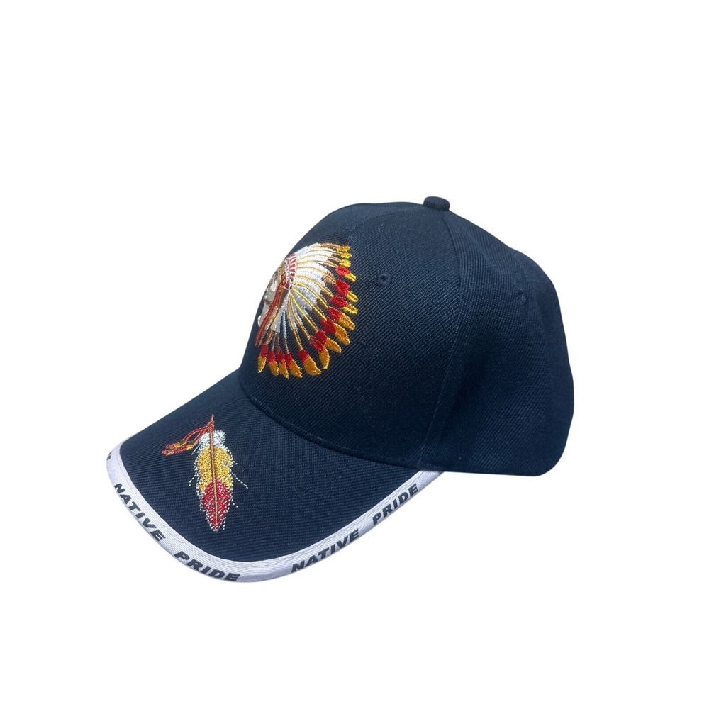 Native Pride Navy Blue Wool Blend Embroidered Headdress Baseball Cap Hat NEW - Picture 2 of 5